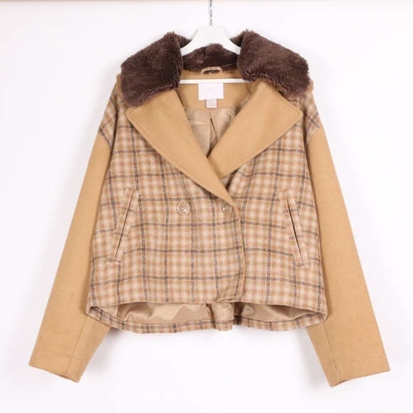 Rachel Parcell Double Breasted Plaid Jacket NWT Tan Iced Coffee Plaid - Picture 2 of 10